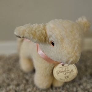 Lamboro Crafts Vintage Plush Lamb with Pink Ribbon - Cream